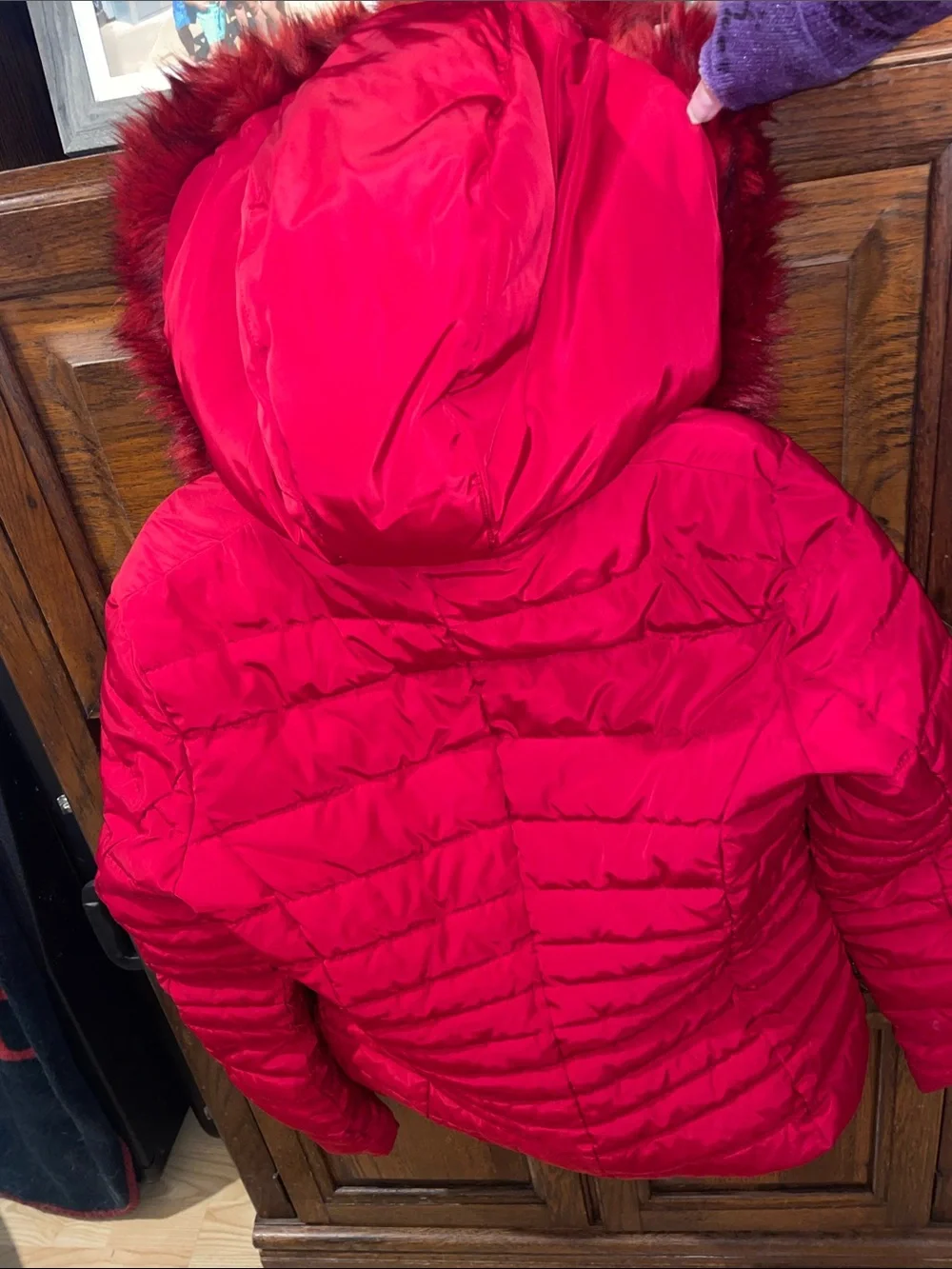 Armani Jeans Girls Red Faux Fur Quilted Winter Coat Removable Hood size 10